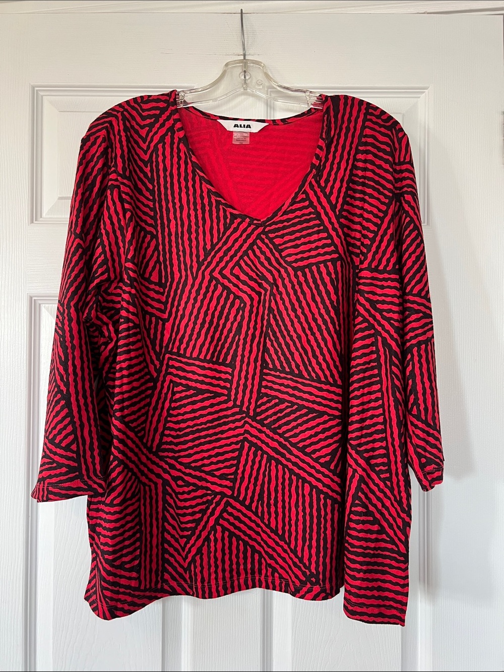 Alia Red and Black Long Sleeve V-Neck Top